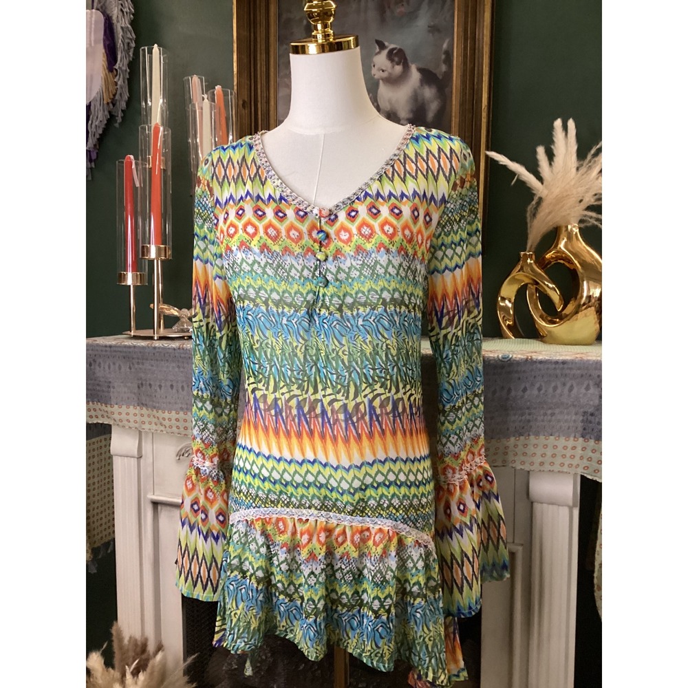 Urban Mangoz Multi Color Geometric Ikat Print Bell Sleeve Boho Tunic Top Small